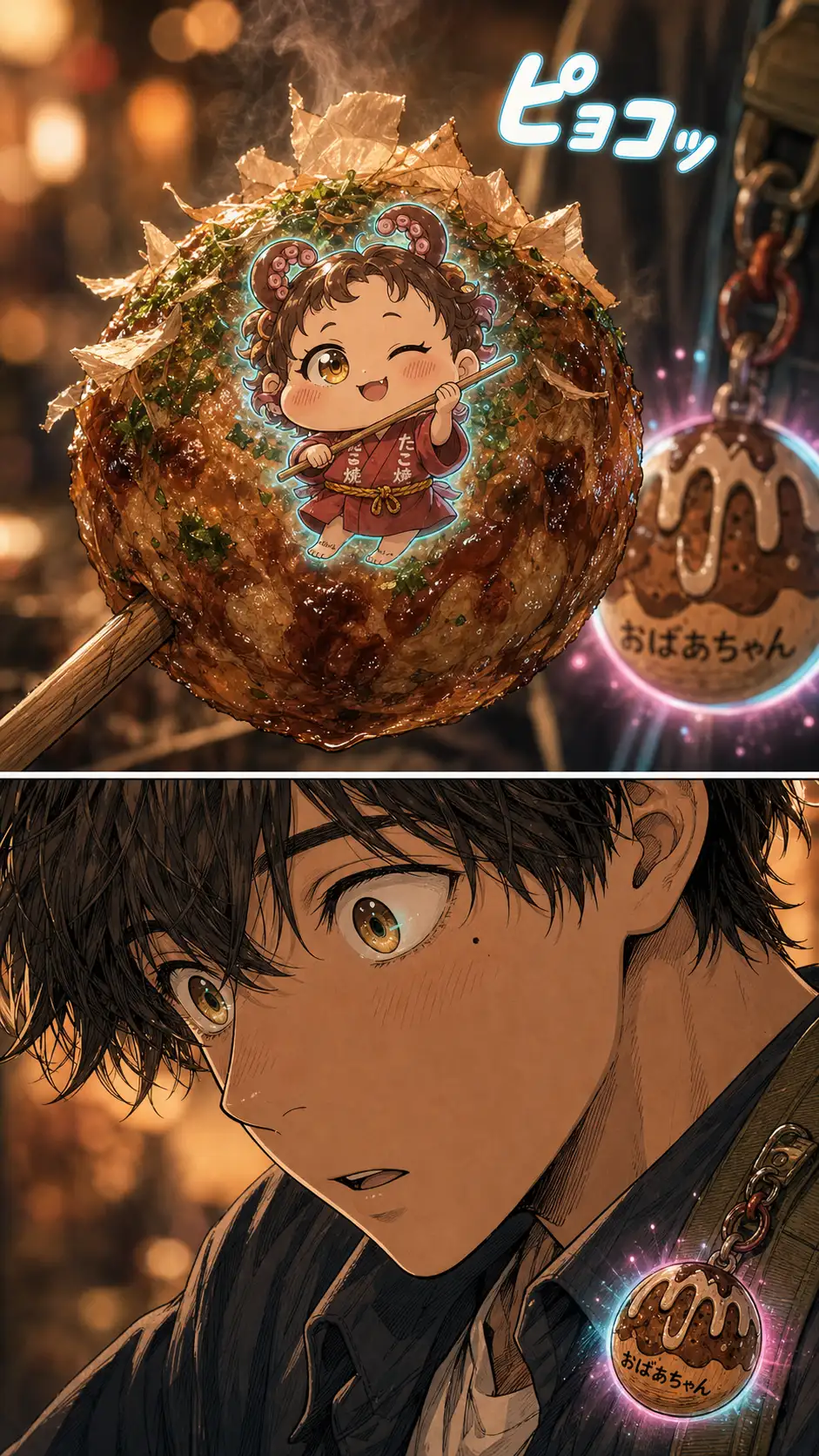 ECU on a single just-flipped takoyaki on a wooden pick. Chibi cut-in panel (Nekokurage signature): Tako-hime's chibi-mode face emerging on the surface of the takoyaki — super-deformed cat-eared chibi, knowing wink, tiny tako tentacle-tufts. ピョコッ floating overlay. The wooden charm on Ren's backpack (visible in soft focus at the panel edge) pulses cyan-pink in time with the takoyaki spirit's emergence. / Cut to Ren's startled eye, dilated pupil, breath caught. Faint cyan reflected glow from Tako-hime's aura just barely catching his pupil. He doesn't see the charm pulse behind him.