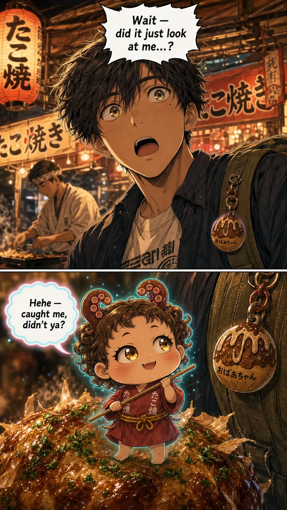 Tight on Ren, head tilted slightly back in startled exclamation, mouth open mid-word. / Tako-hime fully on-model now, mischievous half-smile — but her gold-amber eyes are NOT looking at Ren. They are LOCKED on the wooden takoyaki-shaped charm on his backpack strap. First overt sign she recognizes what he is carrying. Her playful Tako-hime dialogue covers a hidden recognition.