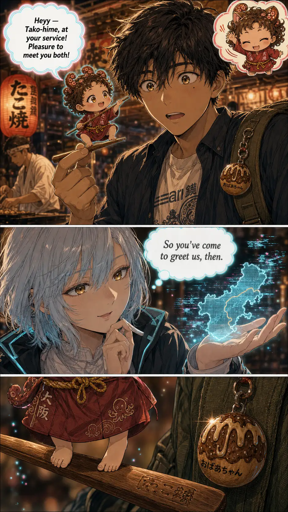 Tako-hime perched on Ren's wooden pick introducing herself in proud Osaka-ben. Inset upper-right corner of this panel: a tiny chibi cut-in of Tako-hime in super-deformed mode for half a beat (Nekokurage signature) — pure delight before returning to on-model. / Compass's reaction: calmly amused, head tilted, a knowing soft smile — but her holo flickers visibly behind her hand. Her composure cracks at the edges. / Detail of Tako-hime's tiny bare feet on the wooden takoyaki pick + the wooden charm on Ren's strap visible at the panel edge glinting once.