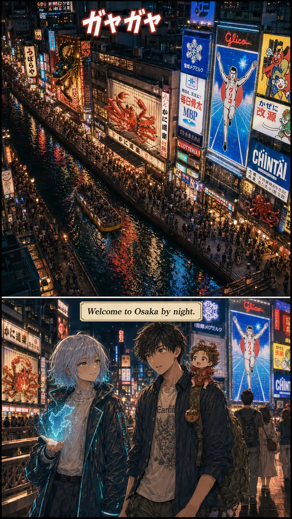 Tatsu photo-real extreme-wide overhead of Dōtonbori at full night: stacked neon — Glico Running Man, Kani Doraku's articulated crab, dragon ramen sign — throws fractured red/gold/cyan reflections across the canal water. The mortal world has resumed; the ガヤガヤ crowd buzz returns. / Bridge-level medium-wide of Compass, Ren, and Tako-hime (perched on Ren's right shoulder) crossing the Ebisu Bridge toward the right edge of the frame. Series narration: 'Welcome to Osaka by night.'