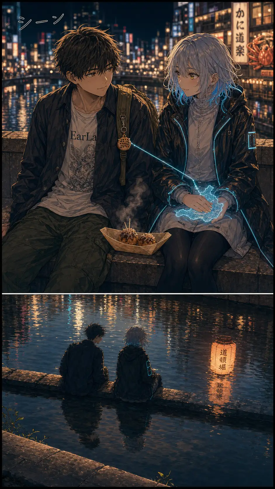 Miura-mode two-shot of Compass and Ren sitting side by side on a low canal wall late at night, takoyaki paper boat between them. Compass's holographic map (now resting in her lap) shows a faint cyan thread extending east from Ren's backpack into the night — a SECOND glitch she does not show Ren. シーン silence SFX. / Reflection in the dark canal water below the wall: two figures silhouetted, paper-lantern light bleeding into ripples — pure Miura silent restraint.
