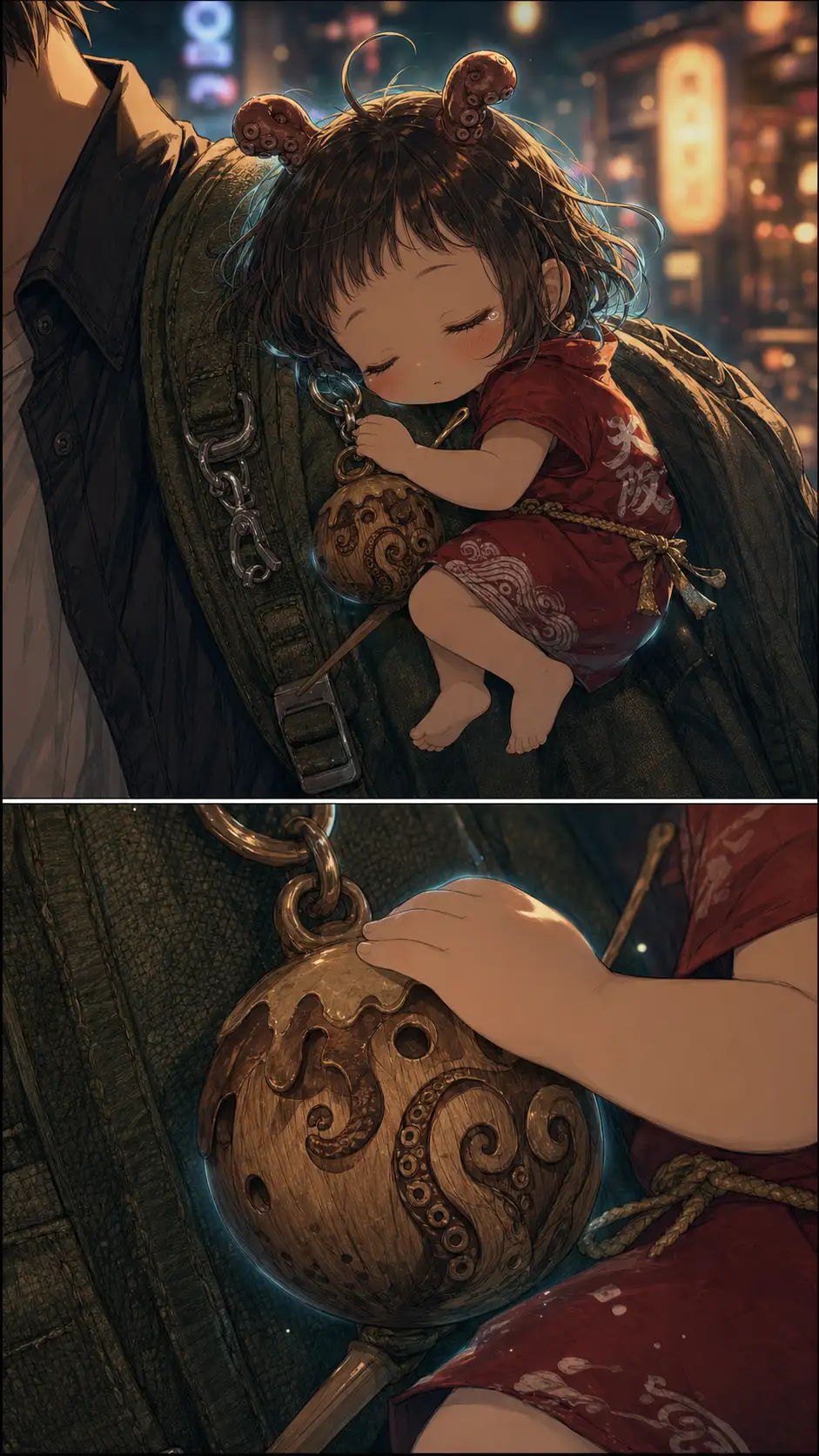 Close-up of Tako-hime curled fast asleep on Ren's backpack strap — but CRUCIALLY her tiny hand rests on the wooden takoyaki-shaped charm, and a single sleepy tear catches the lantern light. The grief beneath her playful warmth surfaces only here, when no human can see. / Tiny detail beat: the small wooden charm's tako-tentacle carving, the canvas weave, the cyan-grey aura of Tako-hime's hand fading into sleep.