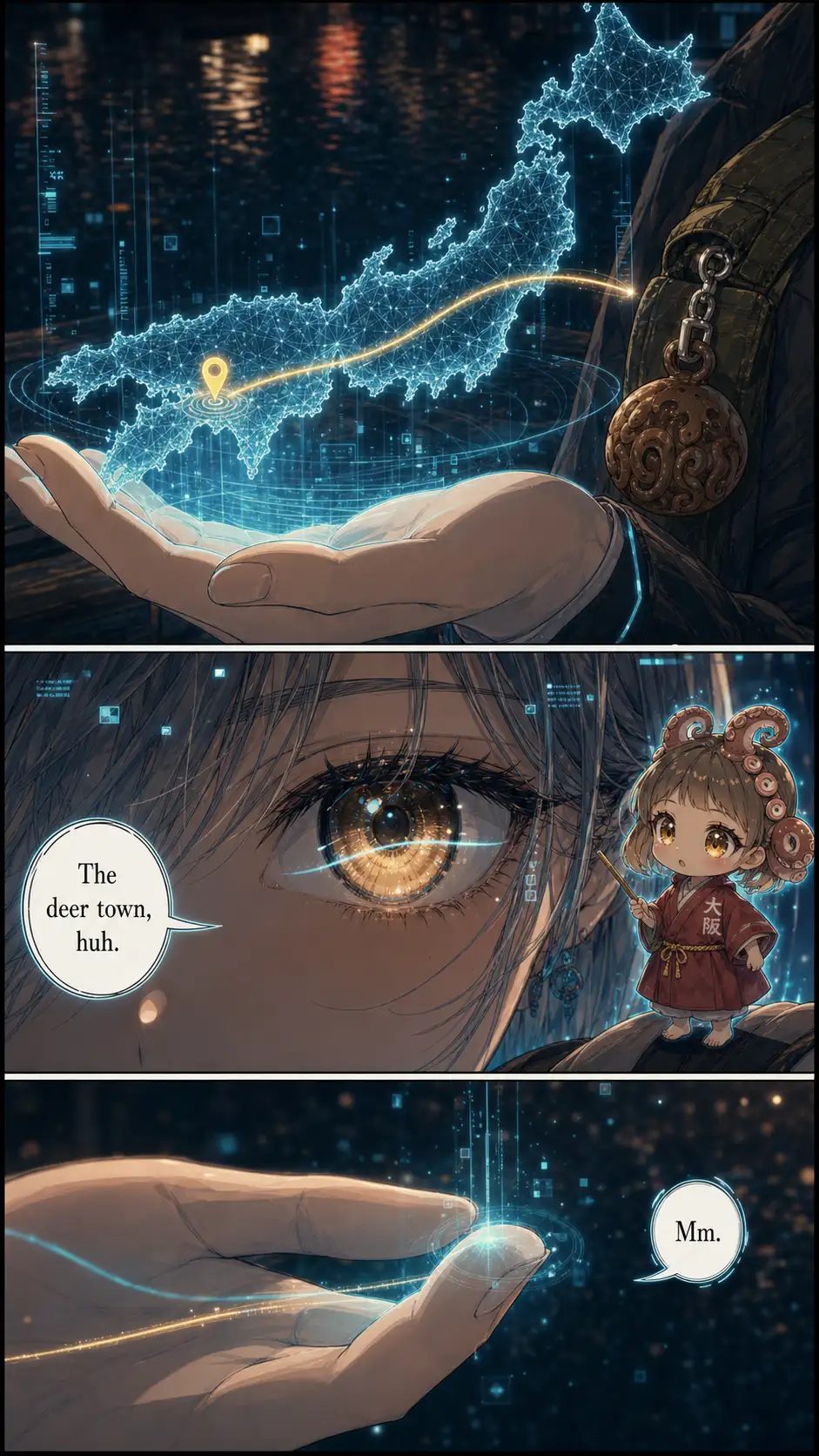 Tight on the holographic map: a thin glowing cyan thread extends east from the Osaka pin across Honshu's coastline, pulsing softly in time with the wooden charm on Ren's strap. / Single-eye intensity panel (Nomura mode): Compass's amber eye fills the panel; the cyan thread reflected as a thin curve across her iris. Tako-hime visible at panel edge watching, awake again now. Tako-hime asks about the deer town. / Compass's open palm in soft focus; the thread terminates at her fingertip with a faint pulse. Quiet affirmative.