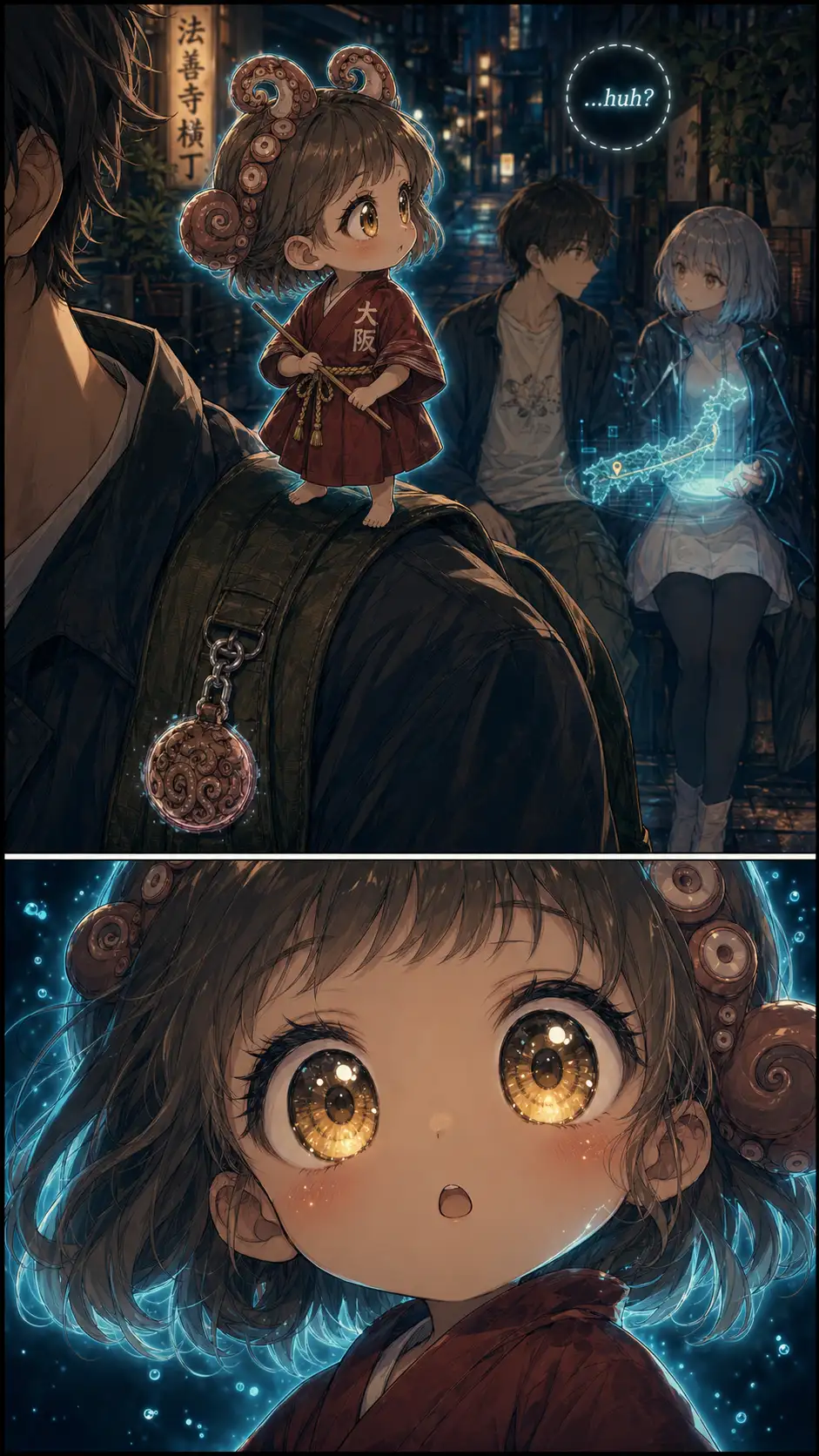 Tako-hime, now fully alert on Ren's backpack strap, head turned sharply to her left, gaze locked past Compass and Ren into the dark alley behind them. Her whispered alert (Osaka-ben). Compass and Ren still on the map, oblivious. / Reaction close-up: Tako-hime's gold-amber eyes blown wide, mouth in a tiny anticipatory 'o'. Spirit-glow brightens around her silhouette.