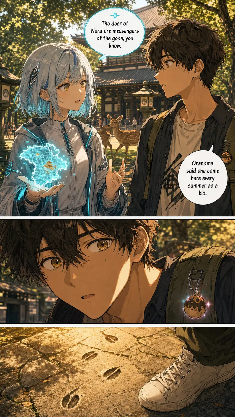 Two-shot of Compass and Ren reacting. The grandmother-fragment line lands here as a quiet beat. Compass's holo flickers behind her hand. / Reaction close-up on Ren. The wooden charm on his backpack catches light and glints cyan-pink for half a beat — visible to the reader. / extreme-close environmental beat: warm-amber stone-paved approach with a few scattered sika-deer hoof-prints clearly visible in the soft dust; the toe of Ren's off-white low-top sneaker just entering the panel from the right edge