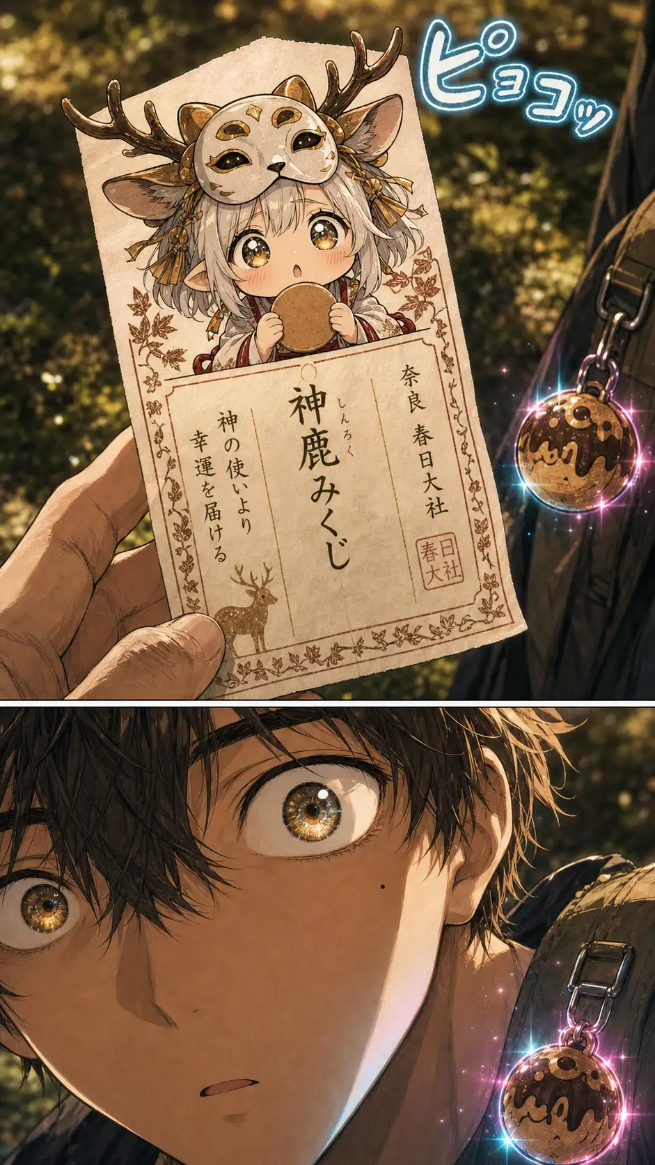 ECU at eye-level on a single fawn-shaped paper omikuji-fortune resting on the moss; in the surface of the paper, Roku-no-mai's chibi-mode face has appeared with cervid ears flopping comically, holding a tiny rice-cracker (deer senbei) in both palms with pleading-puppy eyes — Nekokurage chibi-cut-in signature / cut to Ren's startled eye at eye-level extreme close-up; the omikuji's chibi face reflected as a tiny smudge across his pupil; the wooden takoyaki-shaped charm on his backpack strap just visible at the panel's lower-right edge — and the charm is glowing faint cyan-pink for the first time in the chapter