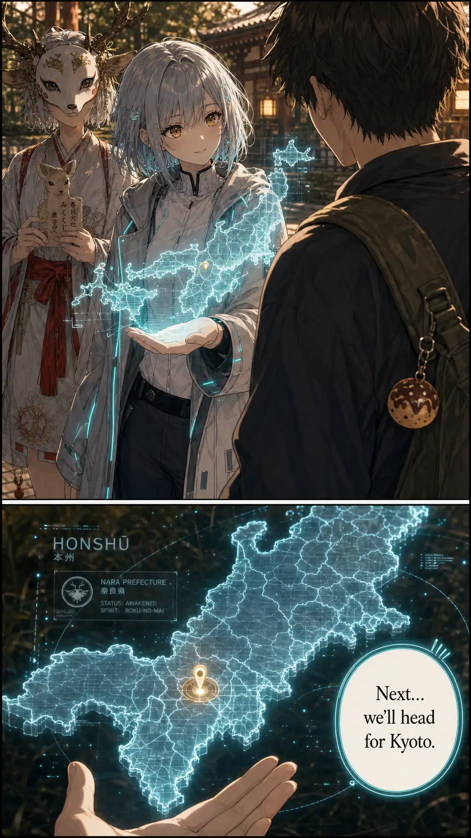 OTS from Ren's shoulder. Compass with the holographic map blooming. Narration '次は——'. / high-angle close-up of the holo map detail: a small gold pin lights up over Nara below the wireframe's existing Osaka pin; Compass's slender fingertips trail cyan particles around the rim; faintly, a thin cyan thread extends EAST from the new Nara pin toward the Kyoto area, with the suggestion of a fox-tail silhouette where it terminates
