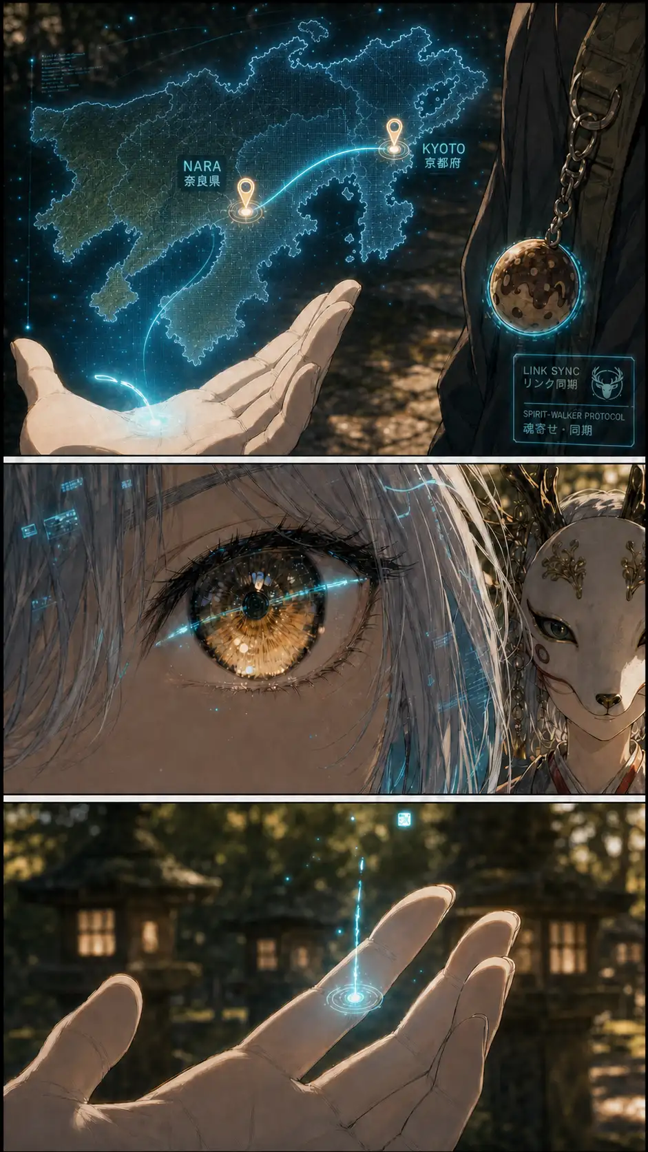 tight close-up of the holo wireframe: the cyan thread arcing east from the Nara pin across Honshu's coastline toward the Kyoto area; the thread pulses softly in time with a faint cyan-pink reflection from Ren's wooden charm visible at the panel's bottom edge — confirming the link between the charm and the spirit-network / Single-eye intensity panel: Compass's eye reflecting the cyan thread; Roku-no-mai visible at panel edge watching. / Compass's palm + thread terminus; quiet exchange.
