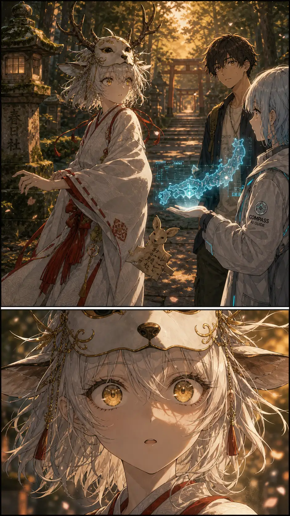 Roku-no-mai alert, gaze locked past Compass and Ren toward something approaching from the next prefecture. / Reaction close-up — spirit's eyes blown wide.