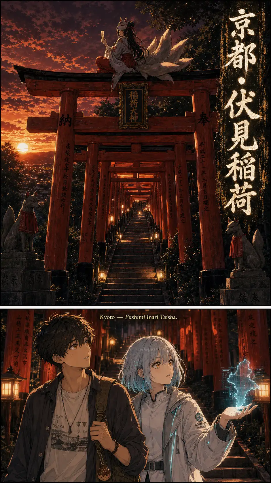 Magazine-poster hook (Nomura mode). Photo-real wide of Fushimi Inari at twilight; the famous vermilion senbon-torii tunnel ascending Mt. Inari; stone fox guardians at the base flank the path. Baked-in vertical brush-kanji title strip down the right side: '京都・伏見稲荷'. The fox-tail flame from ch02's alley resolves: Inari-yume is sitting cross-legged on the highest torii crossbeam, half-turned away from the camera, smoking nothing — she has been waiting. / Tighter two-shot of Ren and Compass walking right; the wooden takoyaki-shaped charm on Ren's backpack strap visible.
