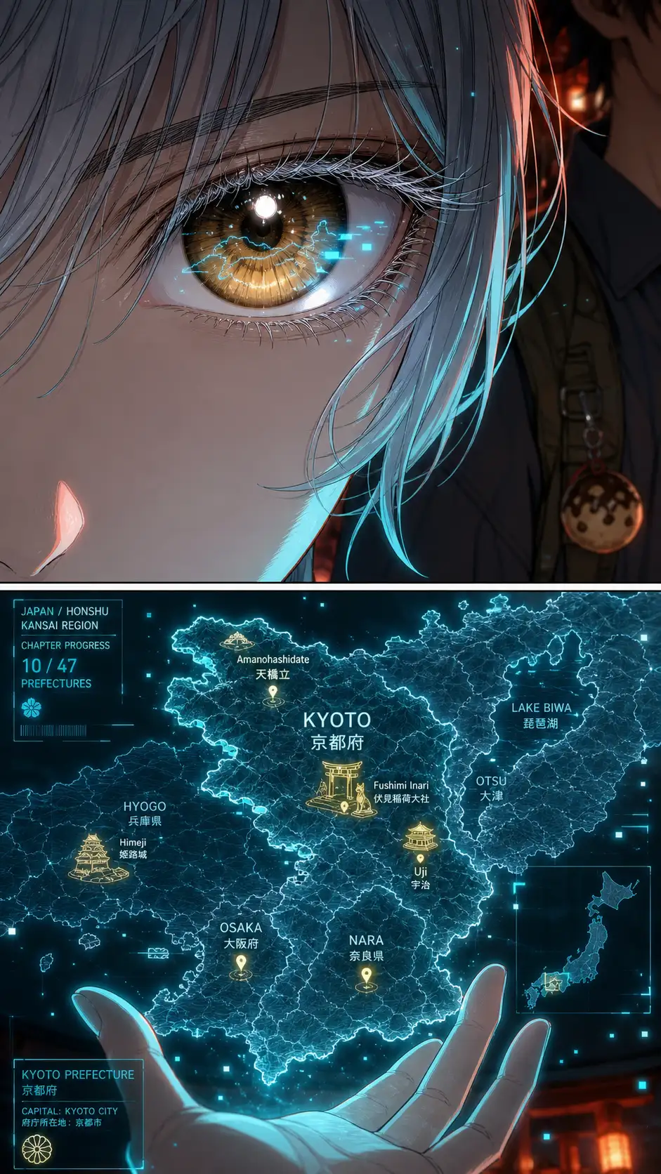 Single-eye intensity panel (Nomura mode): Compass's amber eye fills the panel; the cyan holographic prefecture-map outline reflected across her iris. A faint cyan flicker — her chapter glitch. / Detail of the holographic map: translucent cyan wireframe outline of this prefecture, key features highlighted in gold.