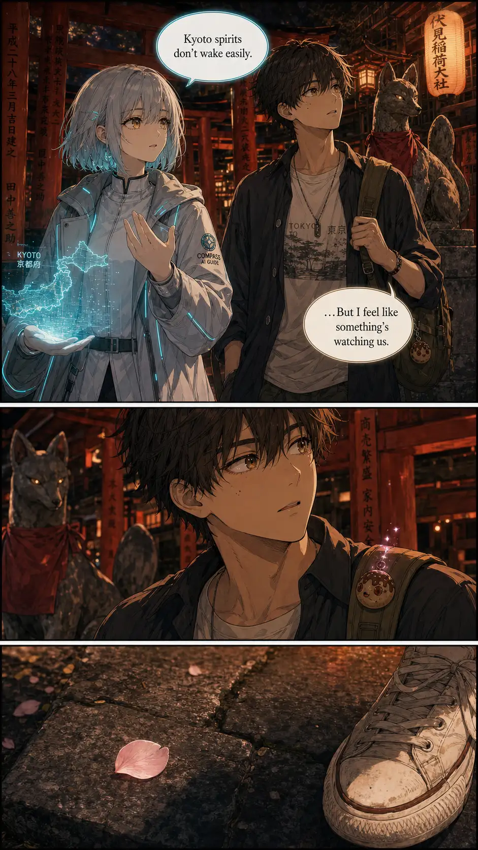 Two-shot of Compass and Ren reacting. The grandmother-fragment line lands here as a quiet beat. Compass's holo flickers behind her hand. / Reaction close-up on Ren. The wooden charm on his backpack catches light and glints cyan-pink for half a beat — visible to the reader. / extreme-close environmental beat: a single soft-pink koto petal (cherry blossom out of season, Inari-yume's signature trick) drifts onto a stone step in the foreground; the toe of Ren's worn sneaker visible at the panel's right edge