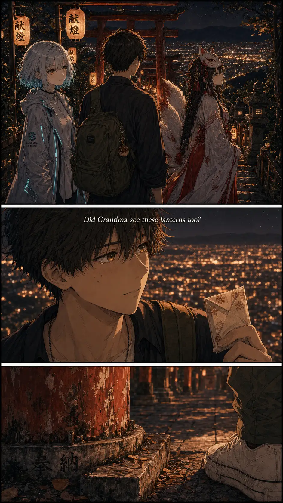 Three-shot of Compass, Ren, and Inari-yume in motion. / Miura-mode emotional close-up on Ren. The chapter's grief crack — a fragment of his grandmother resurfacing. / Foreground silhouette or detail to absorb the UI overlay zone.