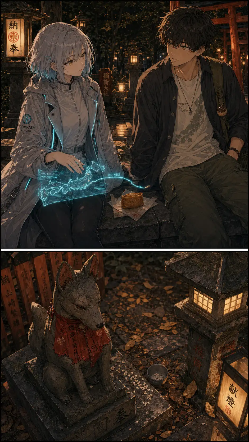 Miura-mode two-shot of Compass and Ren resting in a quiet location. Compass's holo (in her lap) shows a cyan thread extending east toward the next prefecture — a glitch she hides. / quiet environmental detail: a stone-fox guardian at the panel's far end leaning forward in an almost-imperceptible nod; behind it the line of torii receding upward into shadow; a single rice-grain (Inari iconography) caught on the fox's stone paw