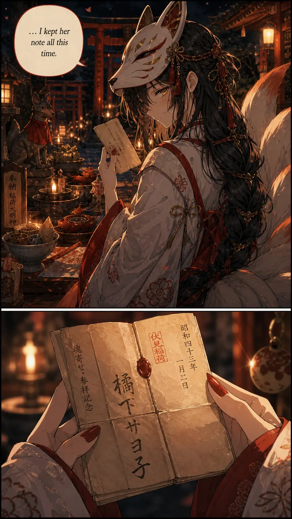 close-up of Inari-yume standing alone at the small summit shrine; kitsune-mask now pulled fully down over her face for the first time in the chapter; palms folded around the folded paper-fortune she returned to Ren (a duplicate, kept all these decades); her nine tails wrapped around her body in a tight protective curl / tiny detail beat: the folded paper-fortune in her hands — the original from 1968, kept by her for fifty-eight years; the ink-brush calligraphy of his grandmother's name visible on the fold-line; the paper's wear is more pronounced than Roku-no-mai's omikuji (older paper, kept longer)