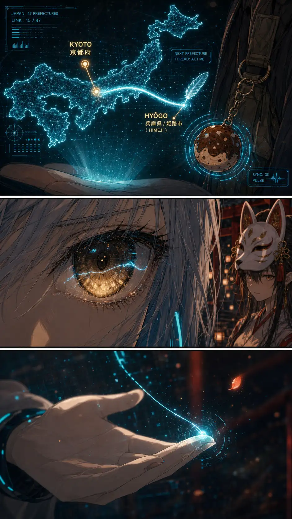 Tight on the holographic map: cyan thread arcs east from the new pin toward the next prefecture's outline. / Single-eye intensity panel: Compass's eye reflecting the cyan thread; Inari-yume visible at panel edge watching. / Compass's palm + thread terminus; quiet exchange.