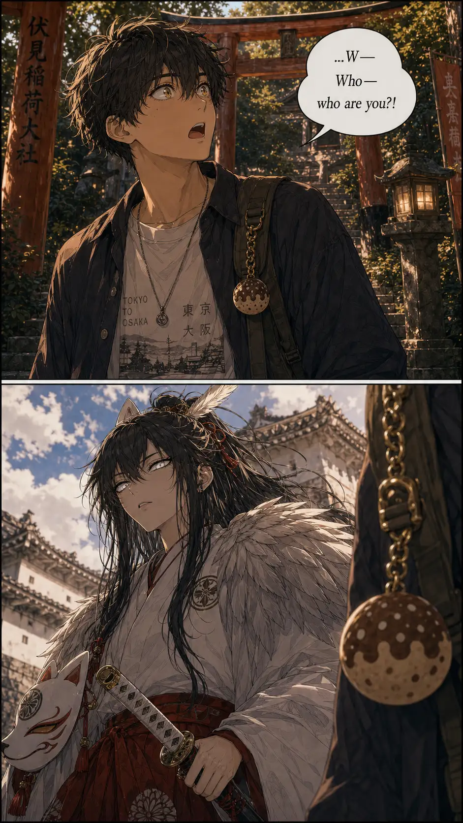 Tight on Ren, startled exclamation. Speech bubble area in the top-center holds his shouted line. / Shiro-tsubasa fully on-model now. CRUCIALLY: spirit's eyes locked on the wooden charm on Ren's backpack strap, not on Ren. Spirit recognition.
