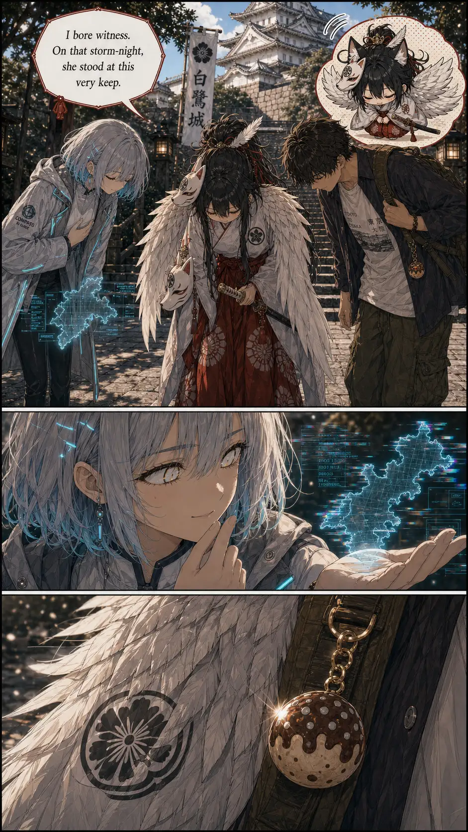 Shiro-tsubasa introduces themselves. Chibi cut-in inset upper-right: cat-eared heron chibi with floppy oversized wings and a tiny katana sheath that's too big, formally bowing for half a beat. / Compass's reaction: calmly attentive, but her holo flickers visibly behind her hand. Composure cracks at the edges. / Detail of the spirit's presence in the scene + the wooden charm on Ren's strap.