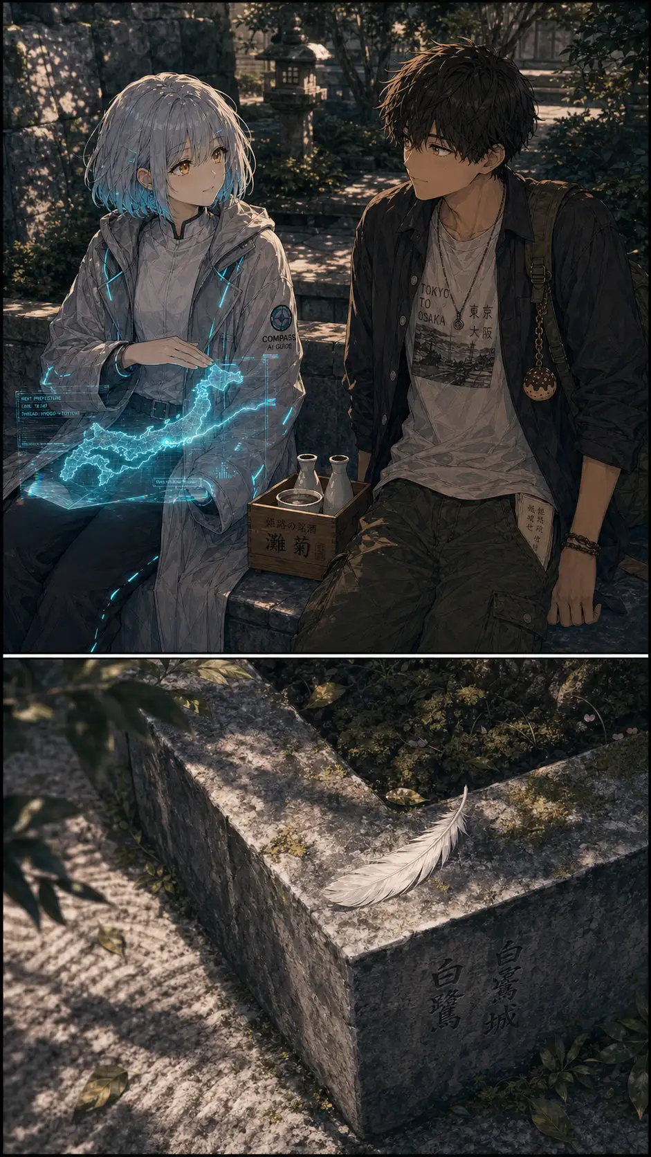 Miura-mode two-shot of Compass and Ren resting in a quiet location. Compass's holo (in her lap) shows a cyan thread extending east toward the next prefecture — a glitch she hides. / quiet environmental detail: a single white heron-feather caught in the corner of a stone planter in the inner garden, half-folded into the moss; the panel's quiet payoff is the geometry of the feather's curve against the stone's rectangular edge