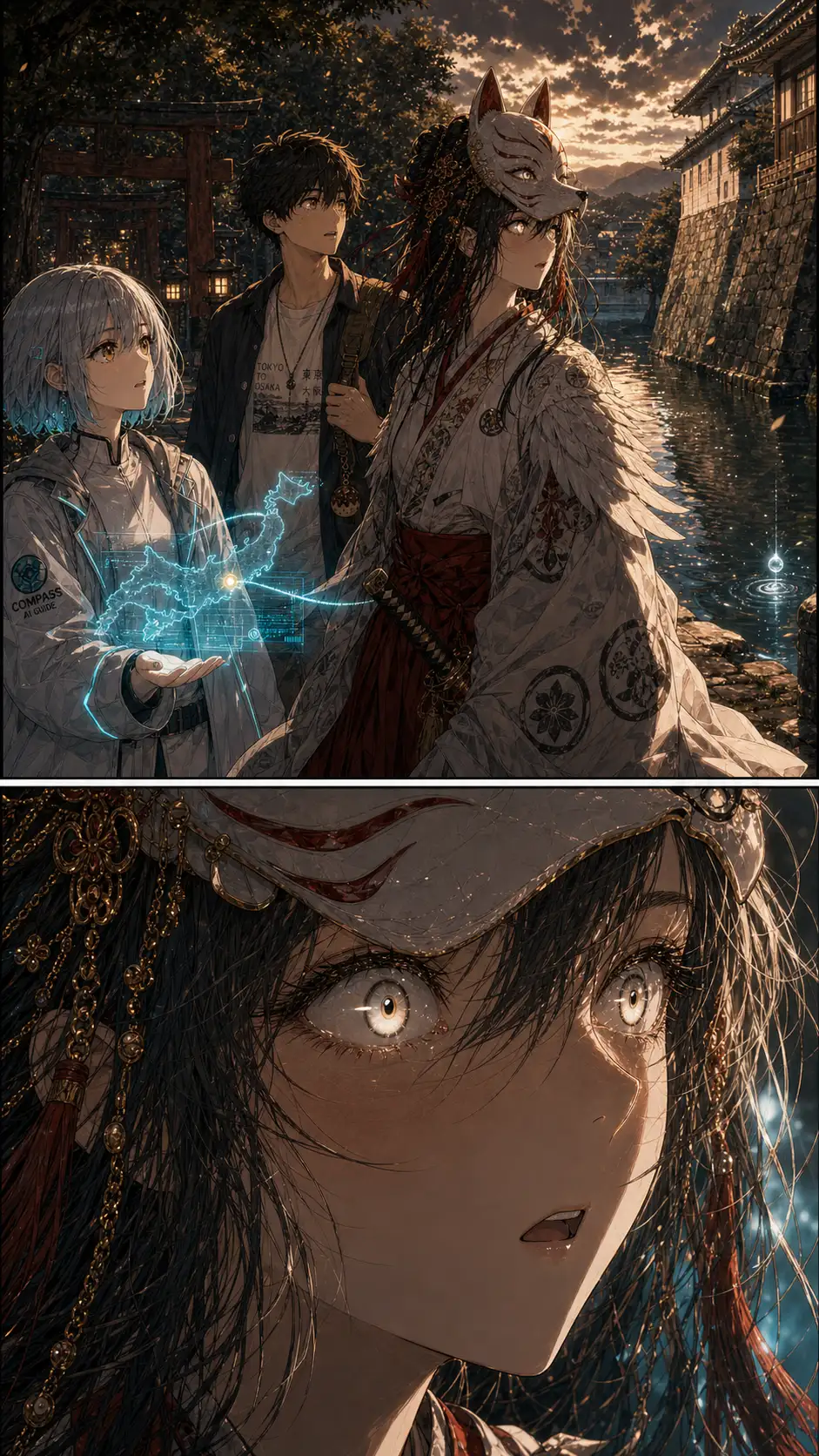 Shiro-tsubasa alert, gaze locked past Compass and Ren toward something approaching from the next prefecture. / Reaction close-up — spirit's eyes blown wide.