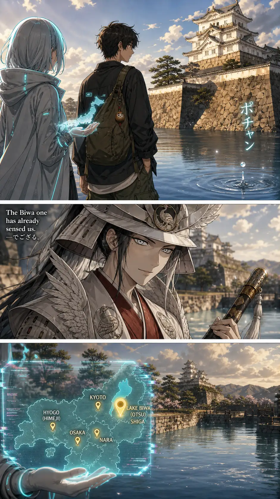 Tatsu photo-real medium shot at eye level facing the castle's eastern outer moat at late afternoon; in the left foreground partially out of focus and rim-lit only stand Compass and Ren with their backs three-quarters toward camera; deeper in the moat, in the mid-ground but half-clipped by the right edge of the panel: a single pearl-drop rolls along the surface of the still water — a Biwa-hime tell — and rolls just past the right edge of the panel / Close-up of Shiro-tsubasa in delighted half-whisper — the line carries this chapter's earned weight (awe + relief + recognition). / Empty space where the next-prefecture shadow just was + Compass's holo showing a NEW pin lighting up; her glitch flickers harder.