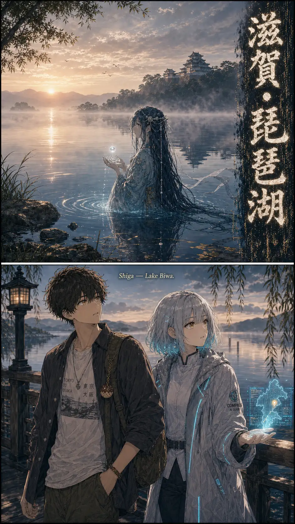 Magazine-poster hook (Nomura mode). Photo-real wide of the shore of Lake Biwa at dawn; mist over the water; Hikone Castle's stone keep just visible in the distance through the fog. Baked-in vertical brush-kanji title strip down the right side: '滋賀・琵琶湖'. The pearl-drop from ch04 lands on the still surface of Lake Biwa — Biwa-hime rises from the ripple, half-submerged at the waist. / Tighter two-shot of Ren and Compass walking right; the wooden takoyaki-shaped charm on Ren's backpack strap visible.