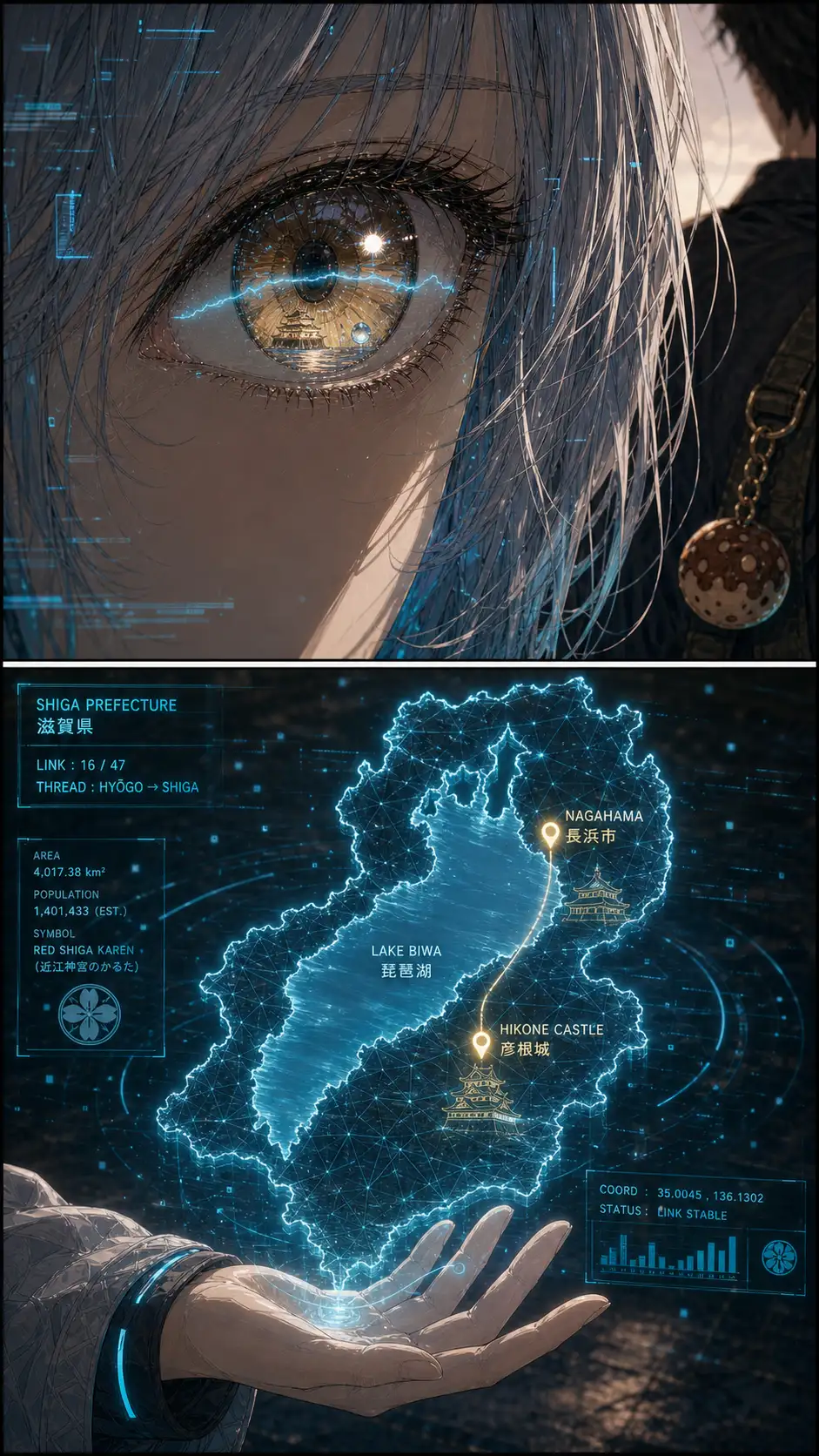 Single-eye intensity panel (Nomura mode): Compass's amber eye fills the panel; the cyan holographic prefecture-map outline reflected across her iris. A faint cyan flicker — her chapter glitch. / Detail of the holographic map: translucent cyan wireframe outline of this prefecture, key features highlighted in gold.