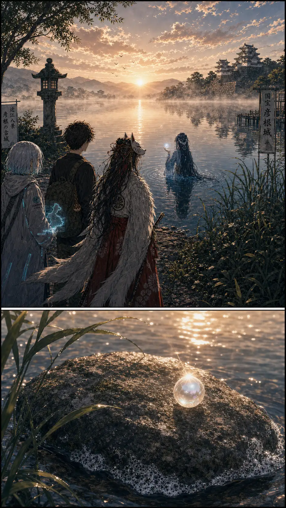 Tatsu photo-real medium-wide of the lake's edge at full sunrise: water rippling out from a fishing boat in the mid-distance; reeds in the foreground catching sunrise gold; a great-blue heron standing motionless at the shore-line in the panel's lower-mid third / Nekokurage decorative close-up of a single freshwater pearl resting on a worn stone at the lake's edge; the pearl's surface catches the dawn light as a tiny supernova; tiny lake-foam clinging to the stone's underside