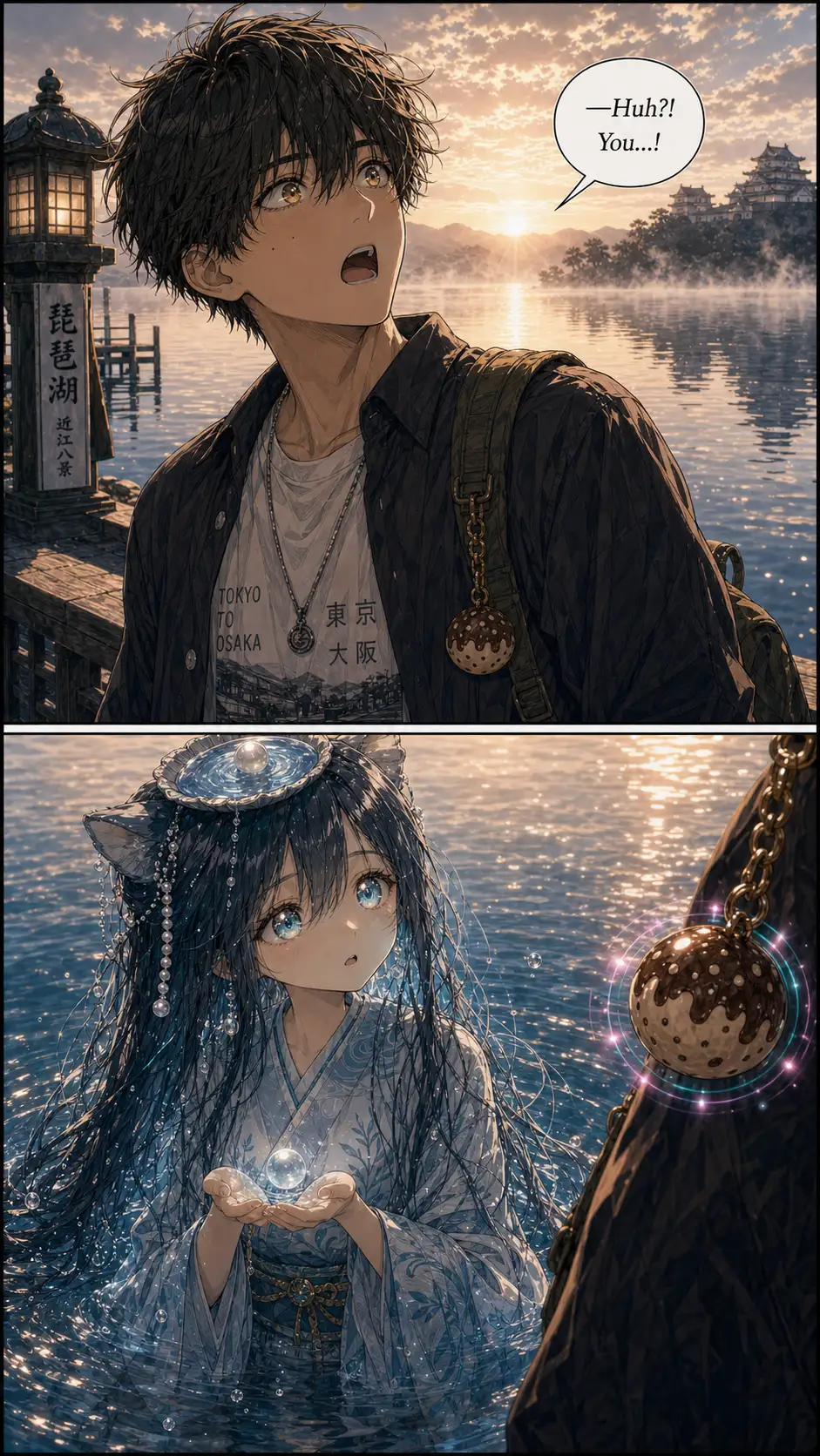 Tight on Ren, startled exclamation. Speech bubble area in the top-center holds his shouted line. / Biwa-hime fully on-model now. CRUCIALLY: spirit's eyes locked on the wooden charm on Ren's backpack strap, not on Ren. Spirit recognition.