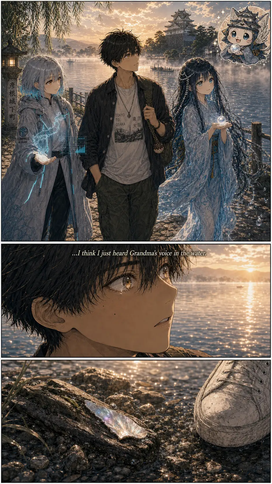 Three-shot of Compass, Ren, and Biwa-hime in motion. / Miura-mode emotional close-up on Ren. The chapter's grief crack — a fragment of his grandmother resurfacing. / Foreground silhouette or detail to absorb the UI overlay zone.