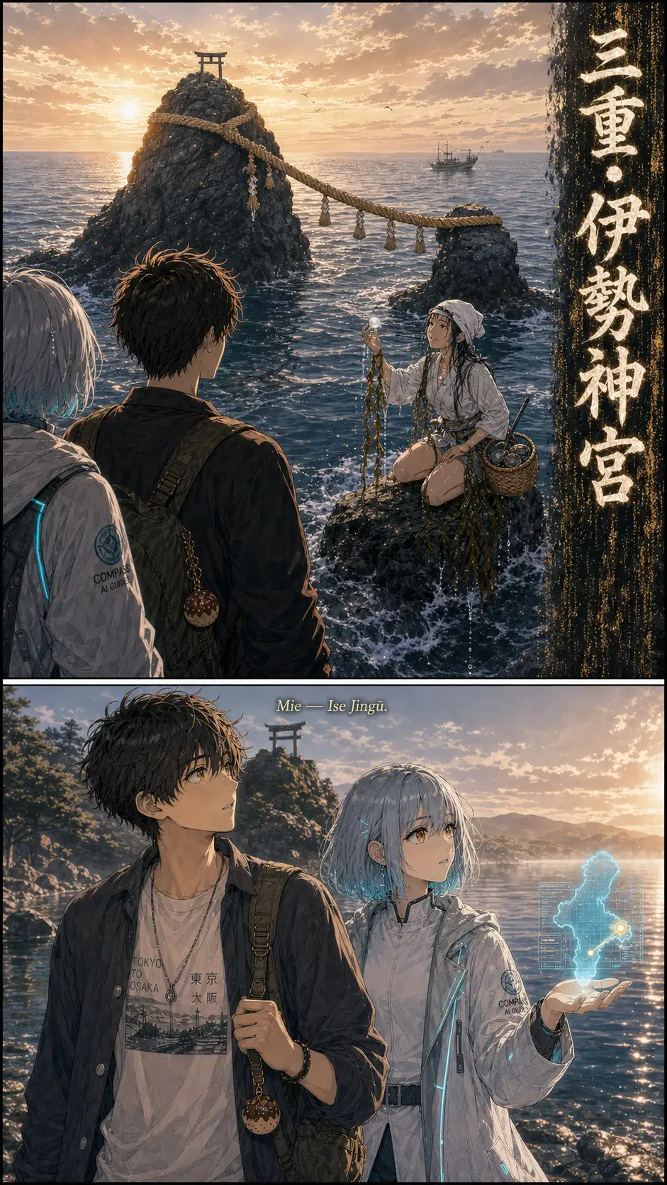 Magazine-poster hook (Nomura mode). Photo-real wide of the rocky shore at Meoto Iwa (the Married Couple Rocks of Futami) at sunrise; the great shimenawa rope swaying between the two rocks; a fishing boat far off. Baked-in vertical brush-kanji title strip down the right side: '三重・伊勢神宮'. The pearl-diver bubbles from ch05 surface near the Meoto Iwa rocks — Ama-mizuko hauls herself onto a rock, kelp-strands trailing, holding the pearl from those bubbles. / Tighter two-shot of Ren and Compass walking right; the wooden takoyaki-shaped charm on Ren's backpack strap visible.