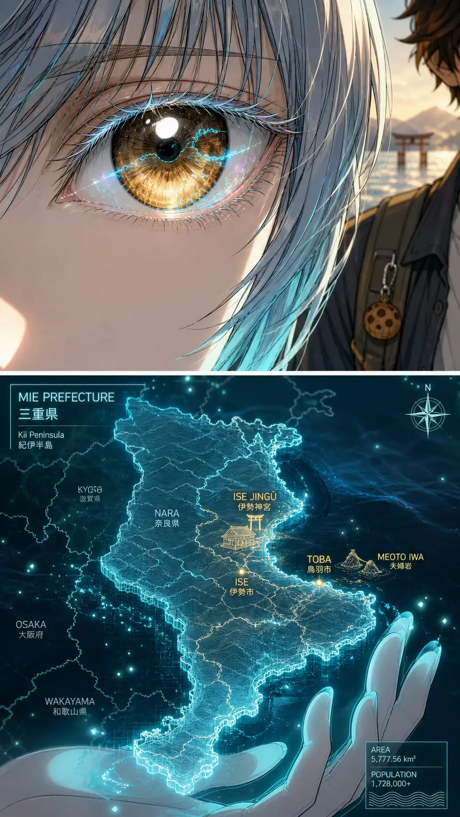 Single-eye intensity panel (Nomura mode): Compass's amber eye fills the panel; the cyan holographic prefecture-map outline reflected across her iris. A faint cyan flicker — her chapter glitch. / Detail of the holographic map: translucent cyan wireframe outline of this prefecture, key features highlighted in gold.
