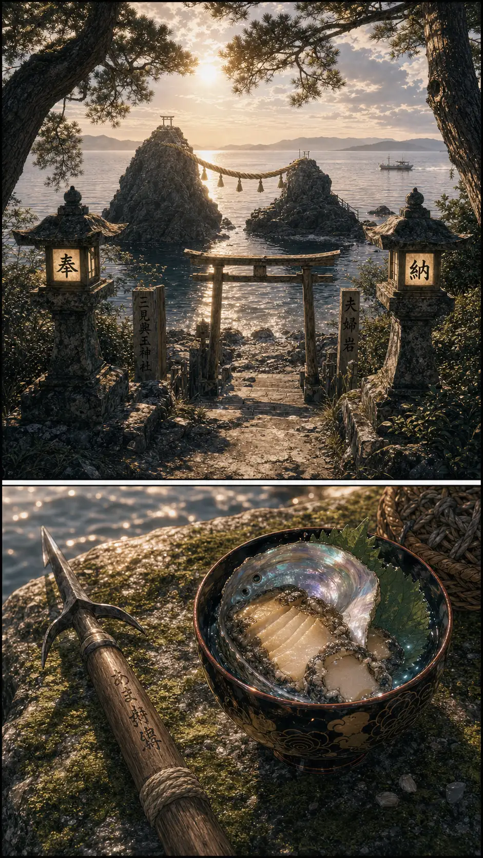 Tatsu photo-real medium-wide of the inner approach to Ise Jingū's Naiku at mid-morning: the great cedar canopy filtering gold beams; the wooden torii at the river-crossing; pilgrims tiny in the distance crossing the Isuzu river to wash their hands / Nekokurage decorative close-up of a small ama-diver's spear-pick (tegane) and a tiny lacquer offering-bowl containing fresh awabi abalone slices, the pearl-iridescent shell-interior visible; the bowl is set on a moss-covered stone at the shore-line