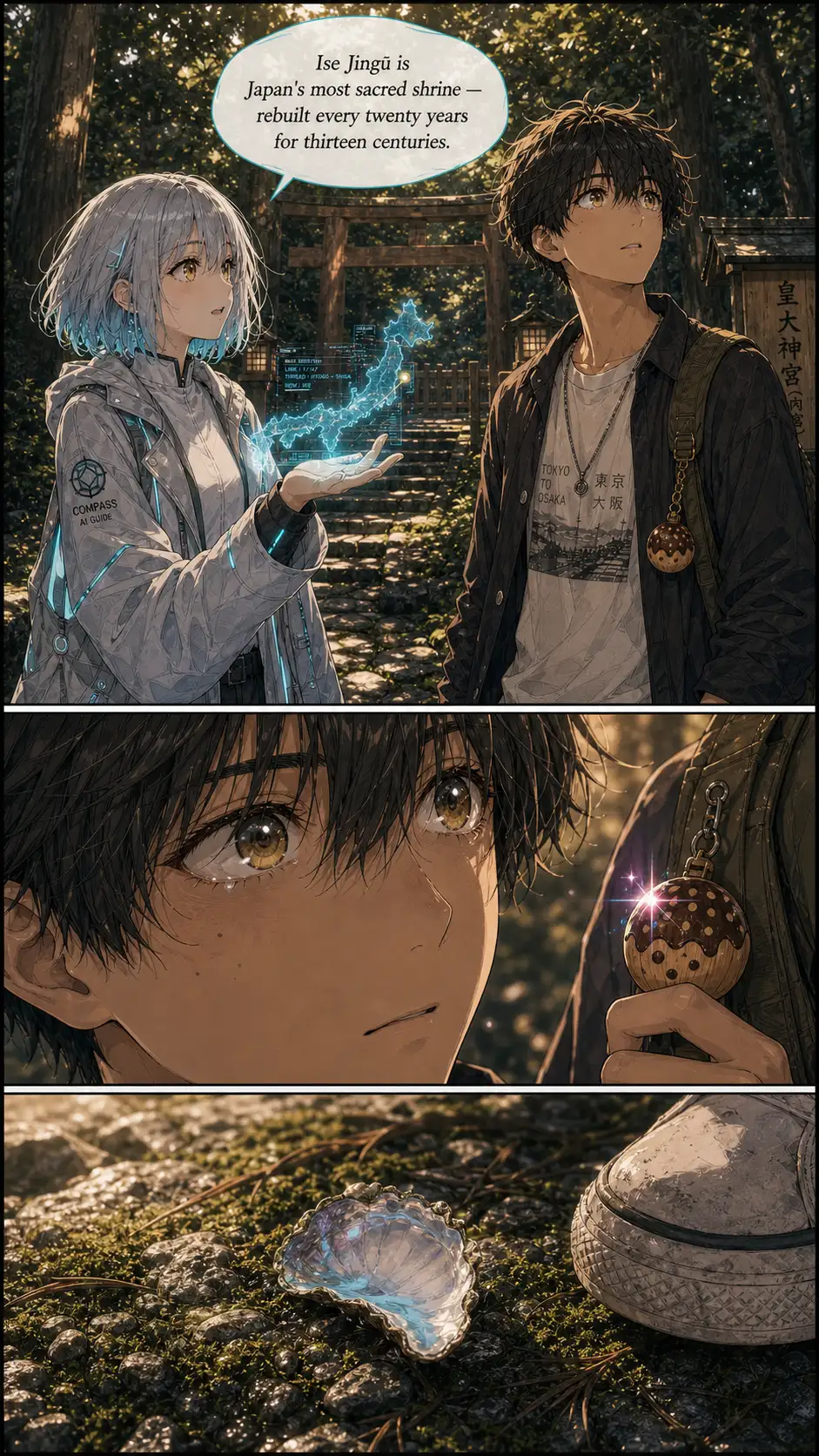 Two-shot of Compass and Ren reacting. The grandmother-fragment line lands here as a quiet beat. Compass's holo flickers behind her hand. / Reaction close-up on Ren. The wooden charm on his backpack catches light and glints cyan-pink for half a beat — visible to the reader. / extreme-close environmental beat: a single piece of fresh awabi shell-fragment on the moss-stone path with pearl-iridescent inner surface upward; the toe of Ren's worn sneaker visible at the right edge