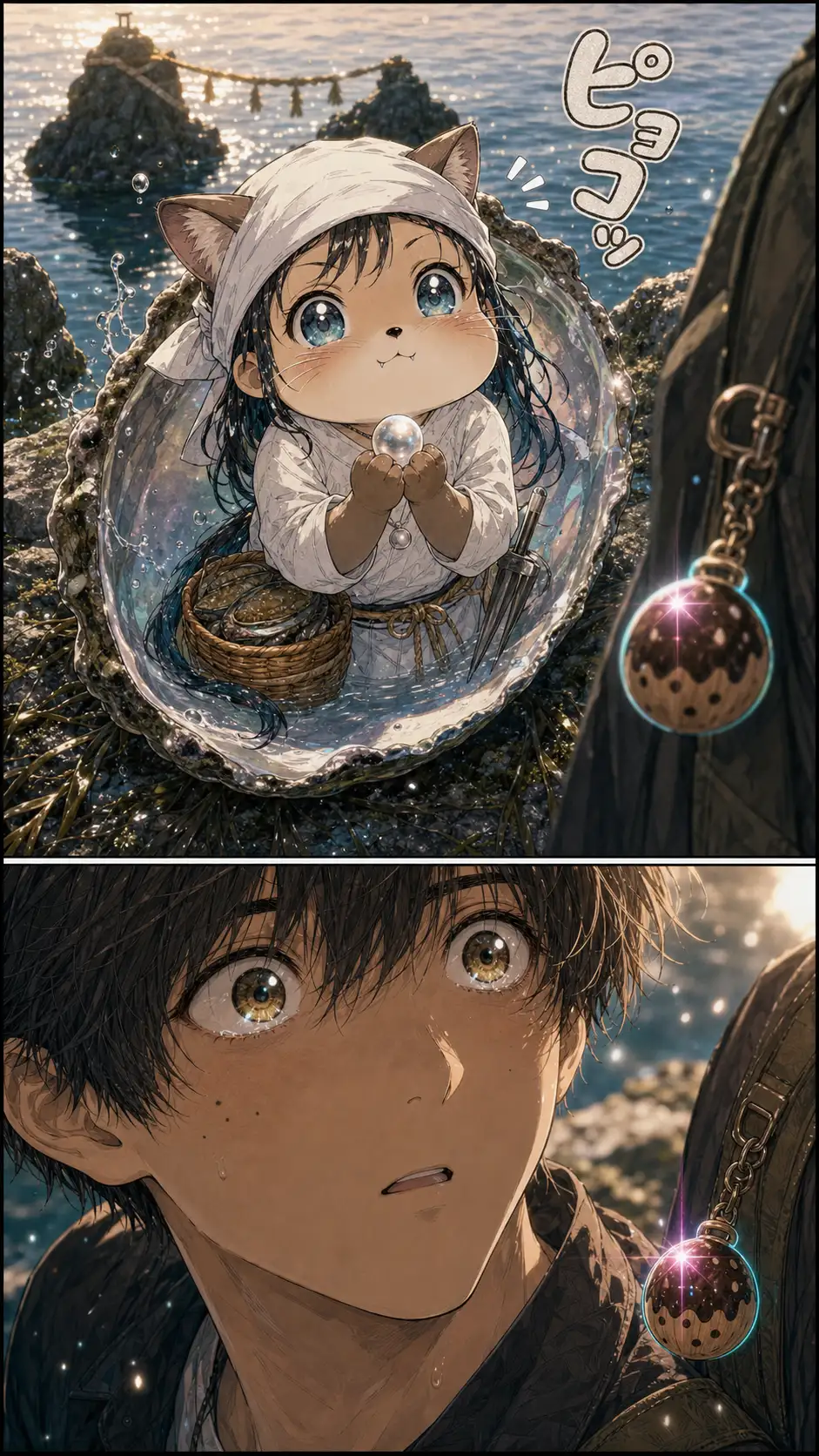 ECU at eye-level on the awabi shell-fragment; in the pearl-iridescent interior surface, Ama-mizuko's chibi-mode face has appeared: cat-eared otter chibi clutching a tiny pearl two-handed with cheeks puffed out as if holding breath / cut to Ren's startled eye ECU; chibi reflected; charm glowing faint cyan-pink
