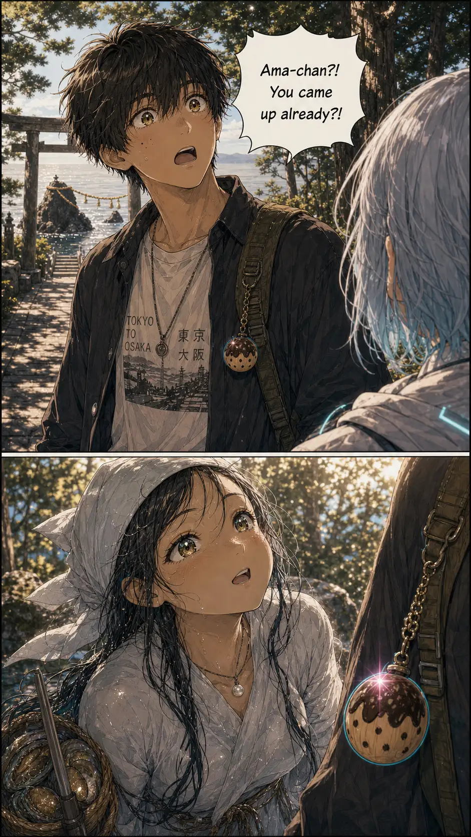 Tight on Ren, startled exclamation. Speech bubble area in the top-center holds his shouted line. / Ama-mizuko fully on-model now. CRUCIALLY: spirit's eyes locked on the wooden charm on Ren's backpack strap, not on Ren. Spirit recognition.