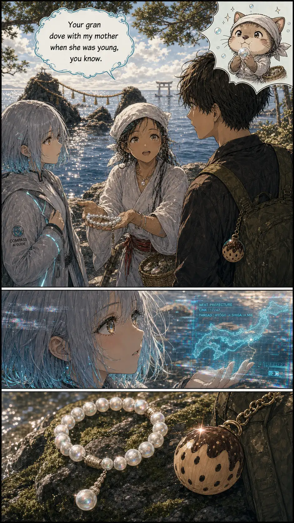 Ama-mizuko introduces themselves. Chibi cut-in inset upper-right: cat-eared otter chibi clutching a tiny pearl two-handed, cheeks puffed out as if holding breath for half a beat. / Compass's reaction: calmly attentive, but her holo flickers visibly behind her hand. Composure cracks at the edges. / Detail of the spirit's presence in the scene + the wooden charm on Ren's strap.