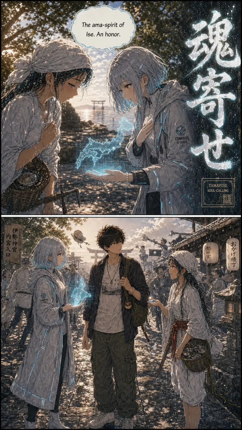 JJK-mode named-technique callout panel. Baked-in stylized vertical brush-kanji '魂寄せ' (Tamayose — Soul-Calling) down the right side. Compass formally acknowledges Ama-mizuko. / pull back to wider three-shot at the Isuzu river crossing; CRUCIAL detail — the pilgrims crossing the river are rendered frozen mid-step, water-drops from their hands paused in mid-air; the river surface itself unnaturally still