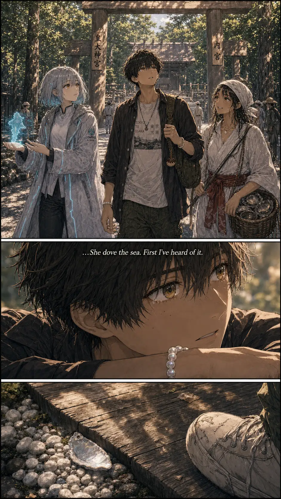 Three-shot of Compass, Ren, and Ama-mizuko in motion. / Miura-mode emotional close-up on Ren. The chapter's grief crack — a fragment of his grandmother resurfacing. / Foreground silhouette or detail to absorb the UI overlay zone.
