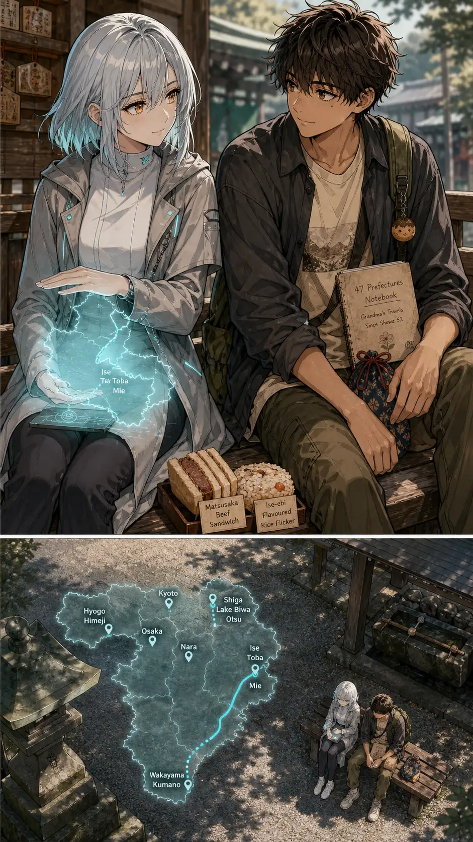 Miura-mode two-shot of Compass and Ren resting in a quiet location. Compass's holo (in her lap) shows a cyan thread extending east toward the next prefecture — a glitch she hides. / quiet environmental detail: a single white pebble in a small wooden offering box on the bench beside them; the pebble has a tiny pearl-iridescent vein running through it — the chapter's quiet payoff