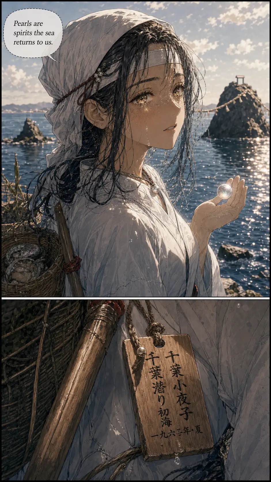 close-up of Ama-mizuko alone at the Pacific shore far from the shrine; her hood pulled back, her woven basket empty now (all awabi given as offerings); a single thin trail of warm-amber tear-trace below her right eye — the chapter's hidden grief beat / tiny detail beat: a small wooden tag on the diving gear at her hip with kanji of Ren's grandmother's name + a date from 1962 — when his grandmother first dove with Ama-mizuko's mother