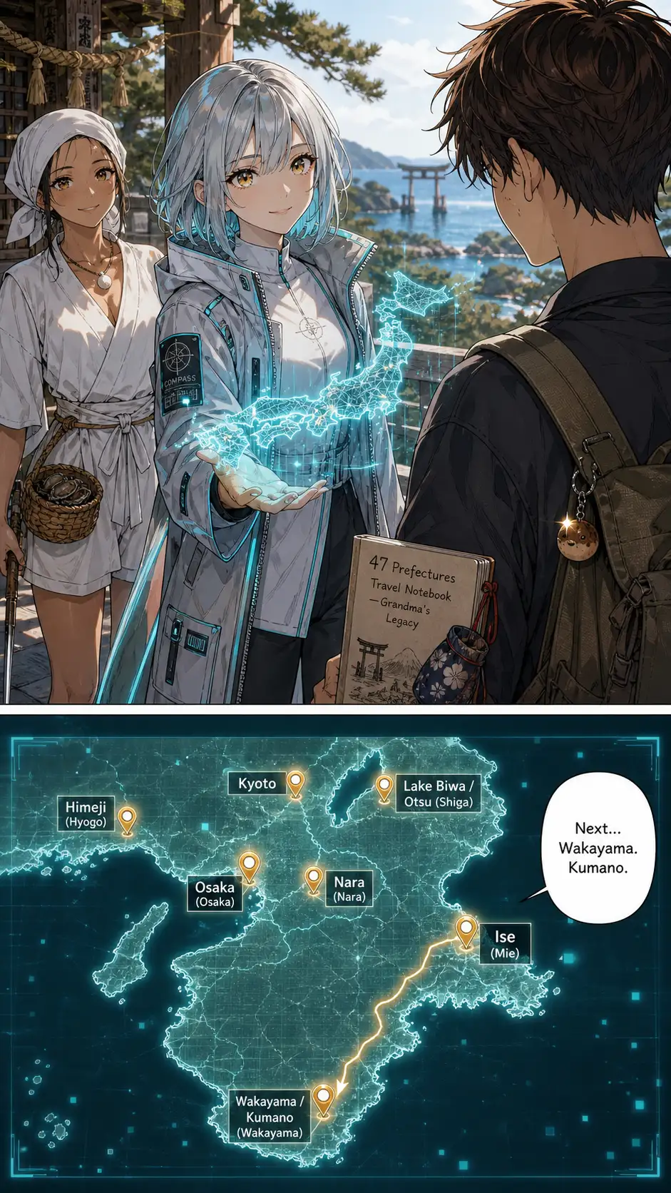 OTS from Ren's shoulder. Compass with the holographic map blooming. Narration '次は——'. / high-angle close-up of holo: six pins lit (adding Mie); cyan thread extending SOUTH toward Wakayama; a Yatagarasu three-legged crow silhouette where it terminates
