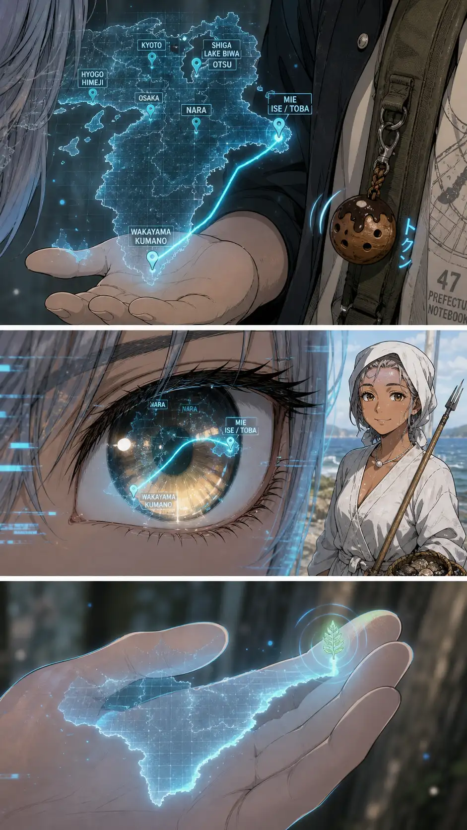 Tight on the holographic map: cyan thread arcs east from the new pin toward the next prefecture's outline. / Single-eye intensity panel: Compass's eye reflecting the cyan thread; Ama-mizuko visible at panel edge watching. / Compass's palm + thread terminus; quiet exchange.