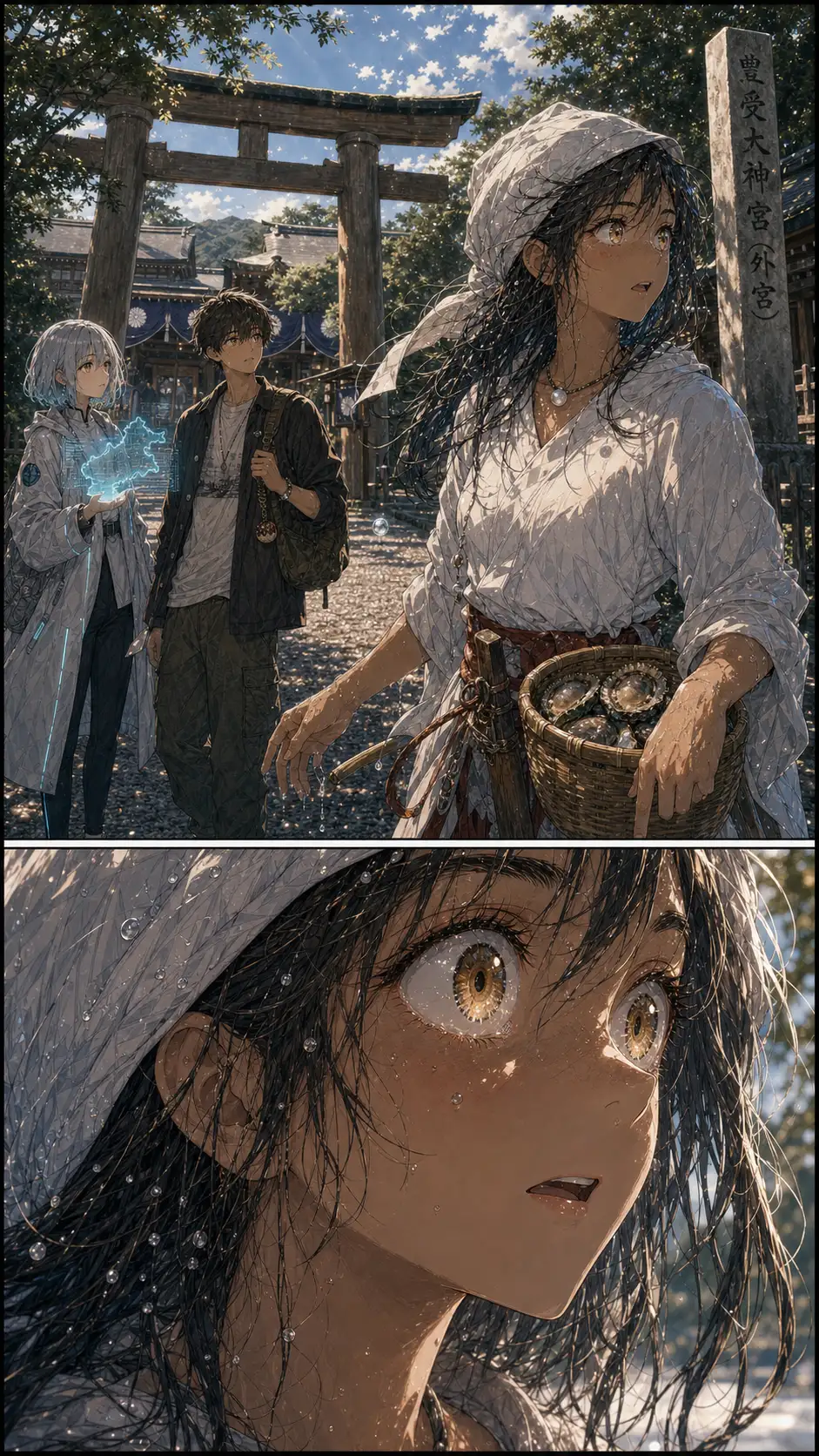 Ama-mizuko alert, gaze locked past Compass and Ren toward something approaching from the next prefecture. / Reaction close-up — spirit's eyes blown wide.